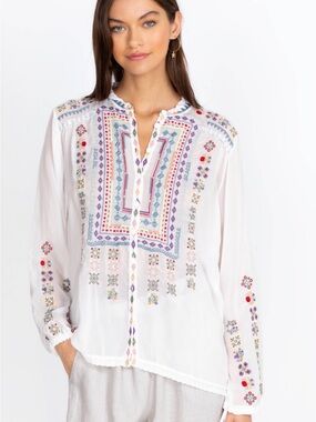 Johnny Was White Peasant Blouse with Multicolor Embroidery